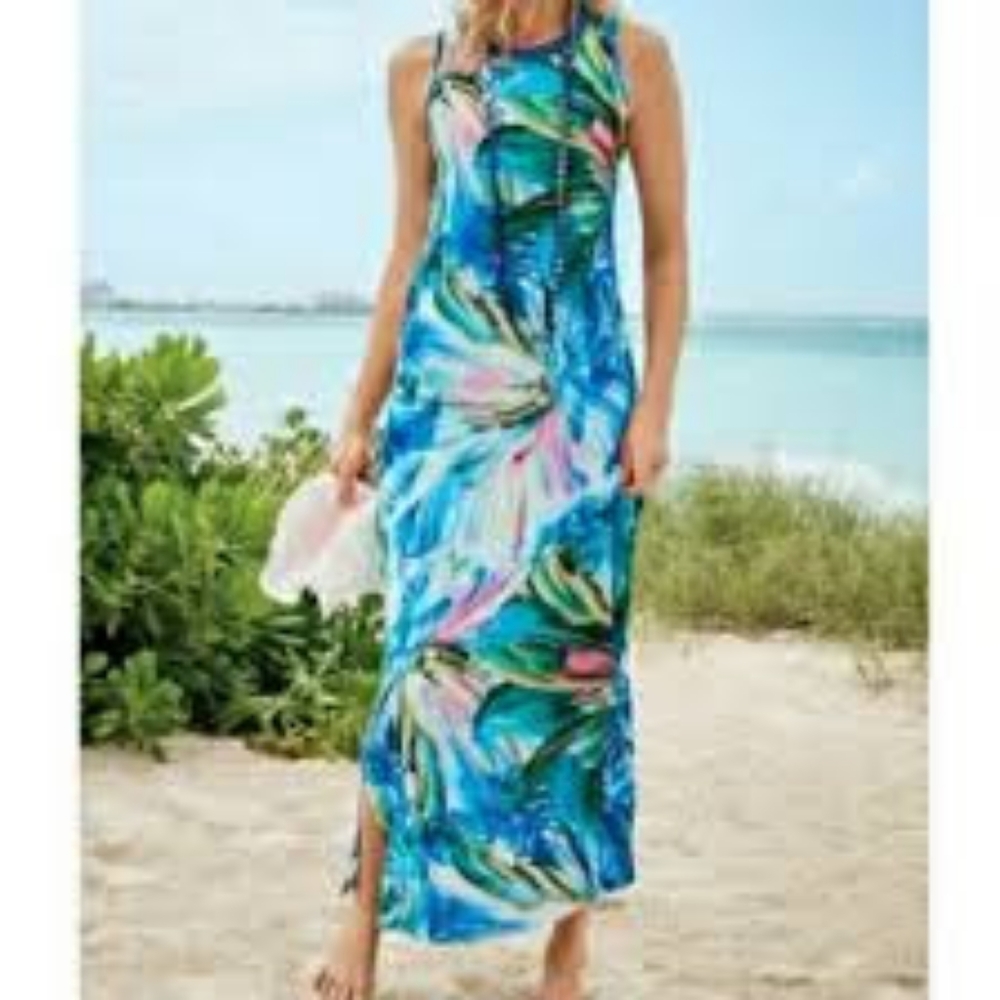 Soft Surroundings Sz M Tropical Floral Watercolor Sleeveless Penelope Maxi Dress
